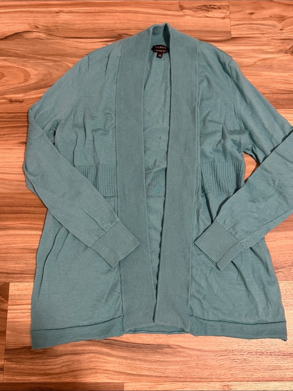 Talbots Sweater Womens L Teal Pure Merino Wool Open Front Cardigan L/S